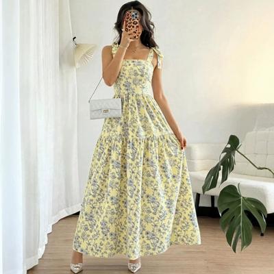 European and American, French Elegant Floral Summer Long Dress Sleeveless V-neck Dress