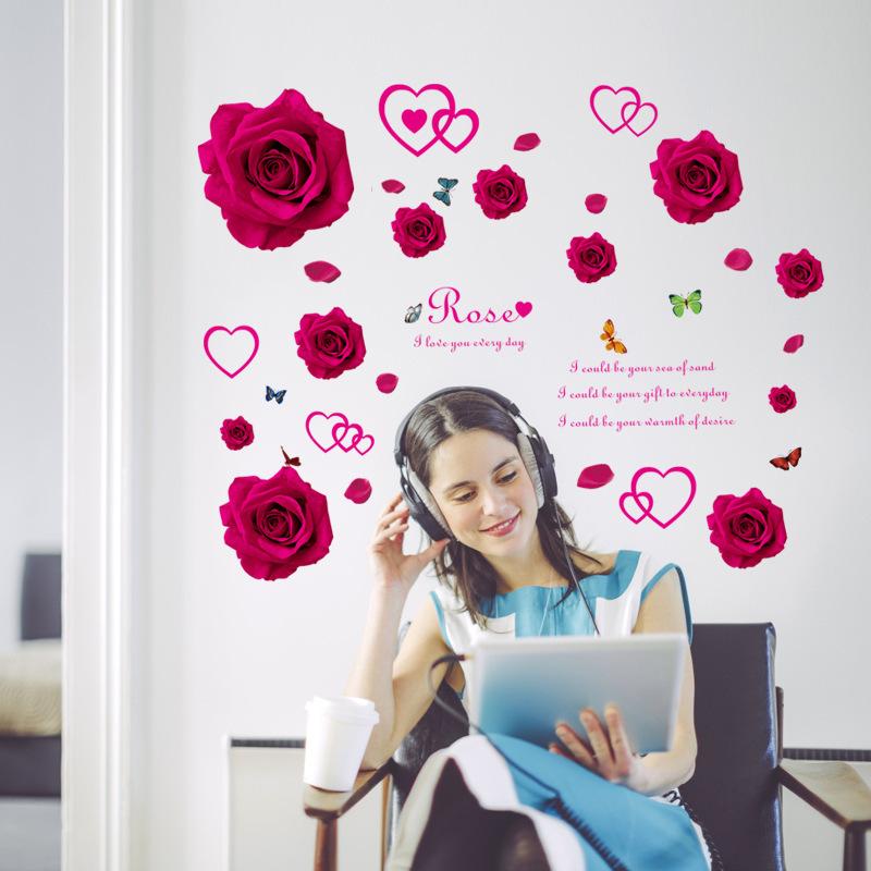 Valentine's Day Wall Stickers Red Roses Waterproof Decal for Wedding Bedroom and Living Room Home Decor