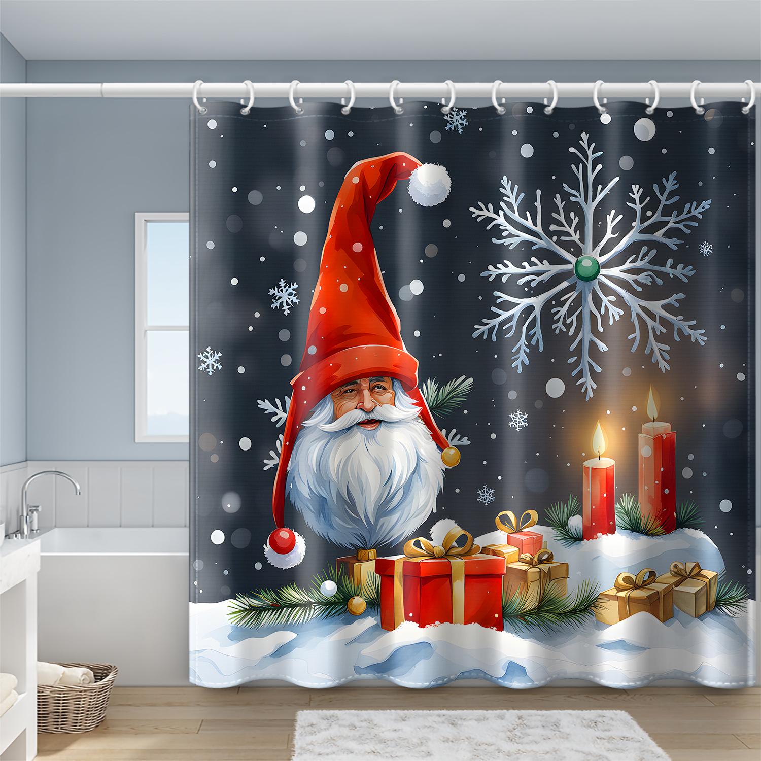 

1 Piece Of Red Hat Santa Claus Print With Plastic Hook Shower Curtain, Winter Christmas Bathroom Partition Curtain W60H190(CM)-1 Pcs