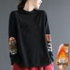 Luxury Retro Ethnic Print Semi-High Collar Velvet Top with Long Sleeves
