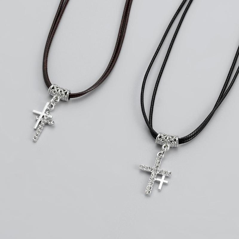 2pcs Heart Cross Cat Pendant Necklace Couple Black Rope Choker Necklace Jewelry