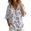 Women's Vintage Floral Print V Neck Loose Fit Short Sleeve Blouse Linen Blend Casual Top with Button Detail