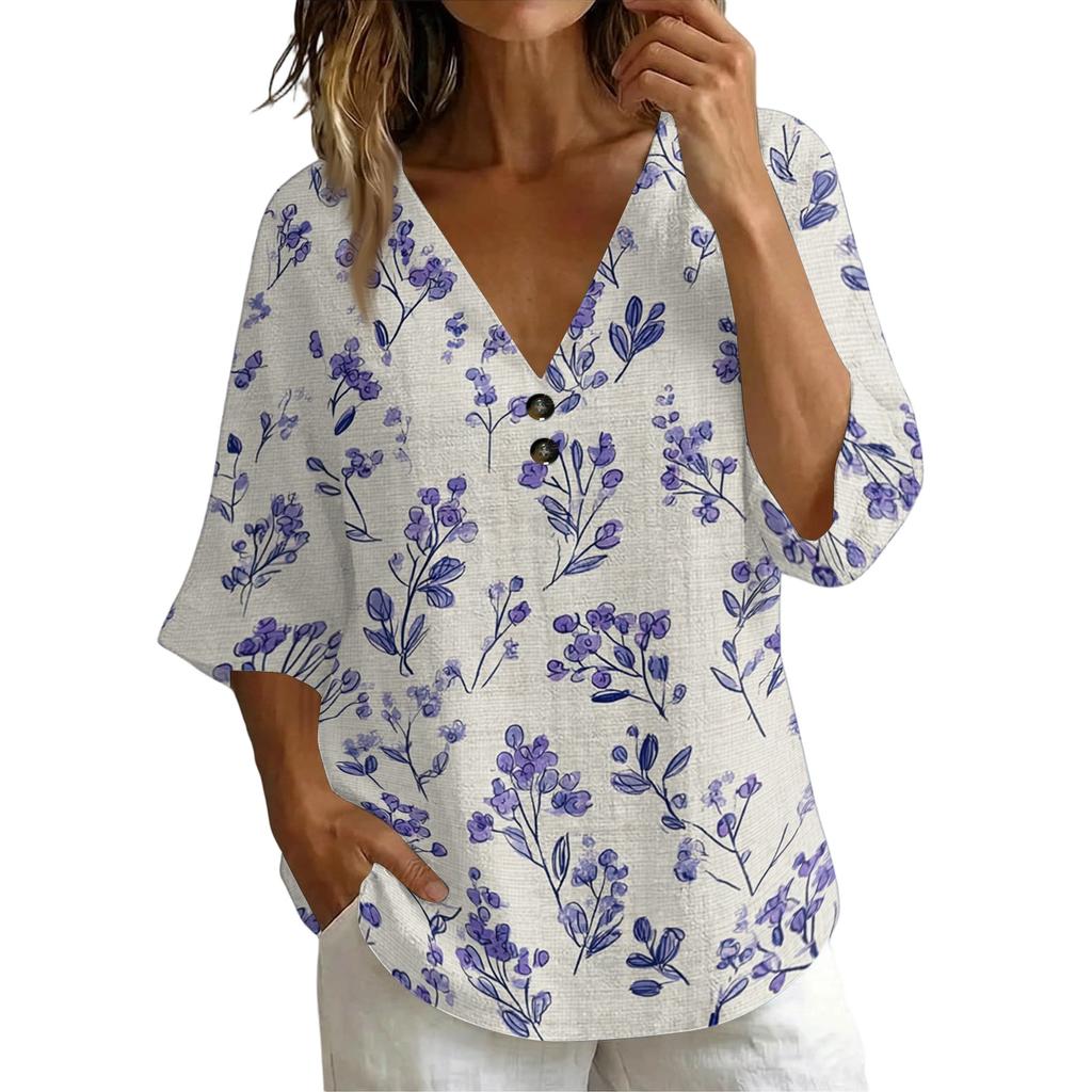 Women's Vintage Floral Print V Neck Loose Fit Short Sleeve Blouse Linen Blend Casual Top with Button Detail