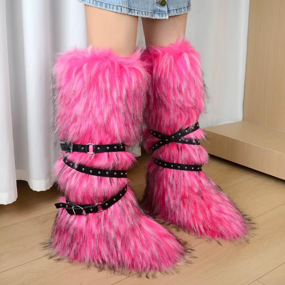 Spicy Girl Thigh-High Fur Snow Boots with Buckle, 2025 Edition.