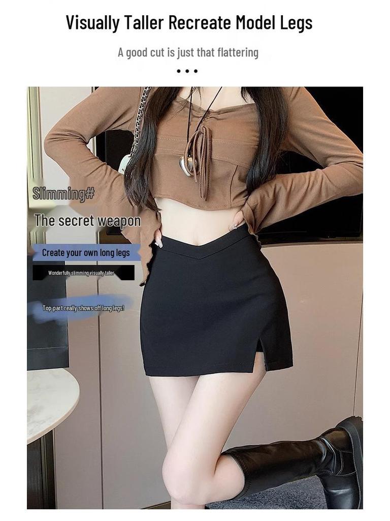 Frühling/Sommer 2024 Schwarzer A-Linien-Midirock mit hoher Taille, Stretch, schlankmachend, mit Schlitz - Hot Girl Edition