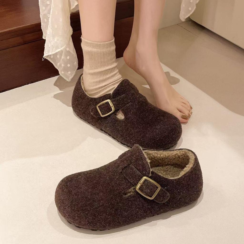 Retro woolen women's new autumn and winter velvet flat-bottomed one-pedal thermal cotton shoes