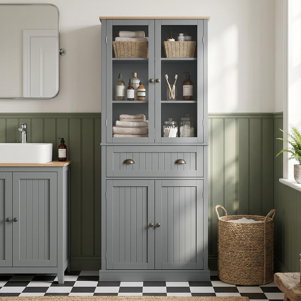 Kitchen Sideboard Storage Cabinet, 4 Doors (2 Glass), 1 Drawer, Adjustable Shelves, Grey