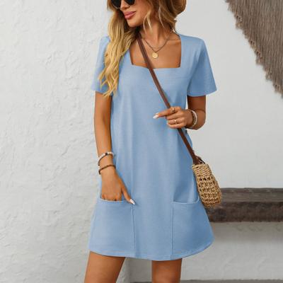 Vestido mini para mujer, cuello cuadrado, manga corta, corte A, largo hasta la rodilla, informal, color liso, para verano, uso diario