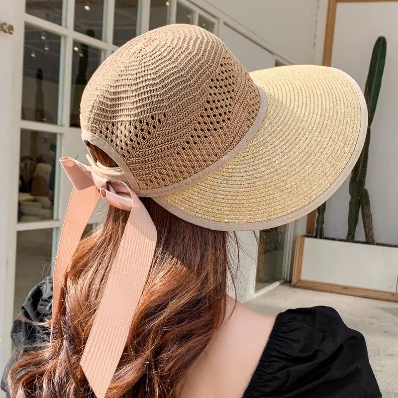 Mori Style Women's Wide Brim Straw Hat with Bow and Satin Ribbon, Sun Protection for Summer Travel and Beach Outings.