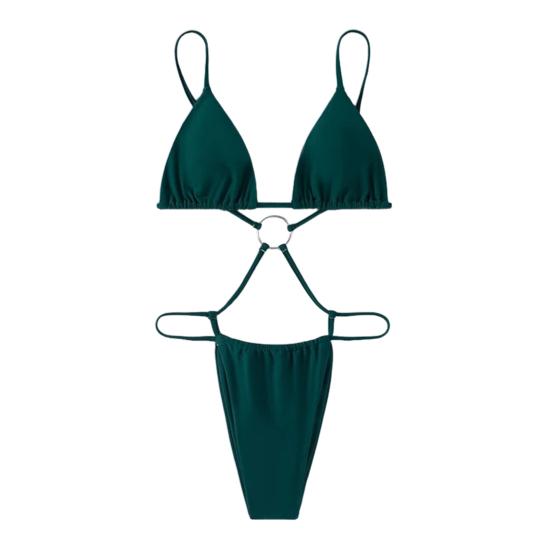 Hollow Back Design Swimwear Sexy One-piece Bikini, Ultra-Thin Triangular Cup Beachwear Tops with High-Cut Pleated Trunks, Adjustable Straps S