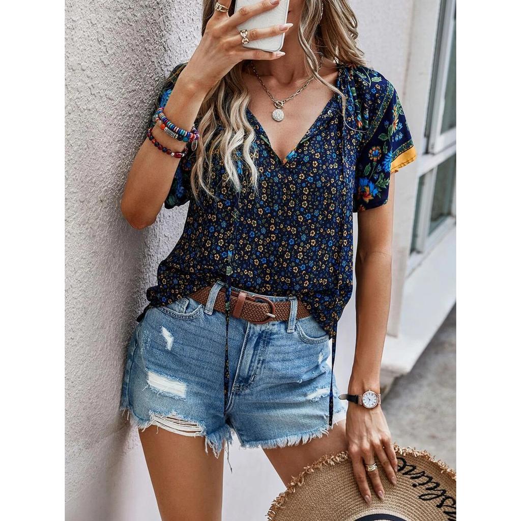 Summer Floral Print Blouses for Women V-Neck Short Sleeve Boho Beach Casual Tops Female Elegant Shirt Women's