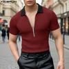 INCERUN Men Lapel Neck Stitching Short Sleeve Zipper Splits Fitted Casual Tops T-shirts