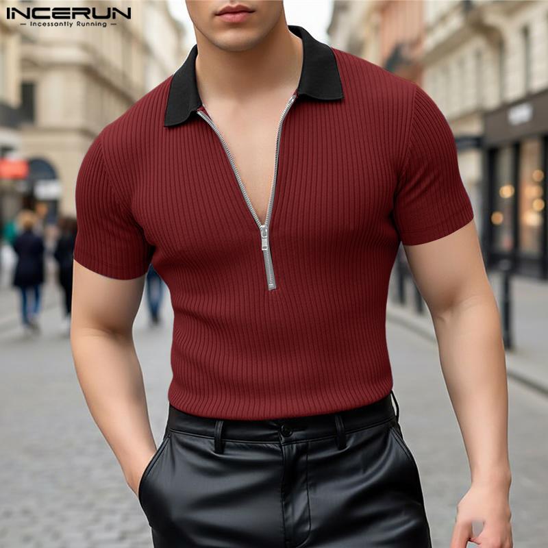 INCERUN Men Lapel Neck Stitching Short Sleeve Zipper Splits Fitted Casual Tops T-shirts