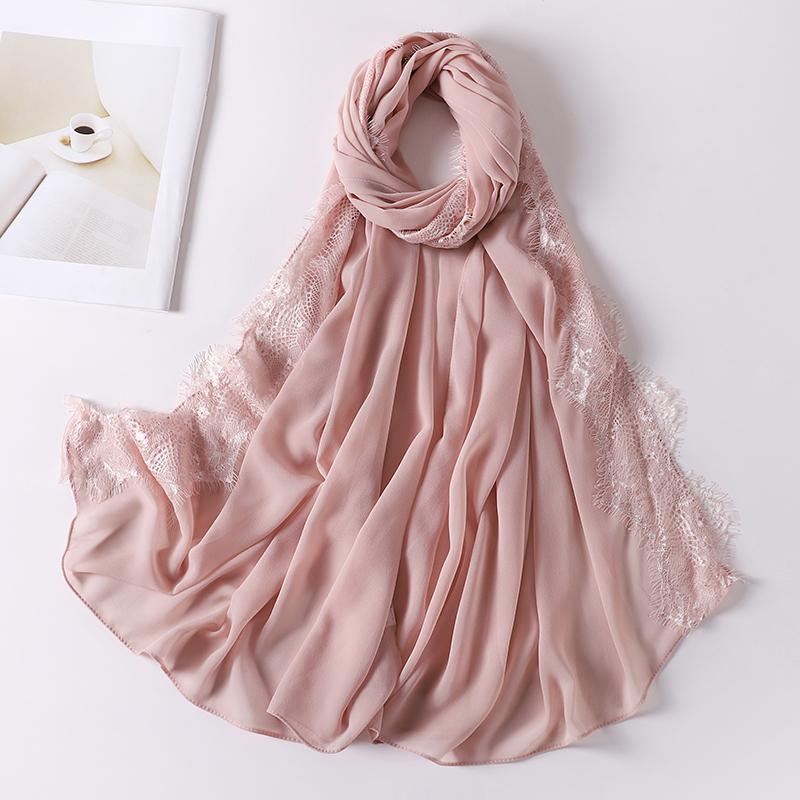Wedding Style Muslim Soft Lace Hijab Lslamic Plain Scarf Premium Chiffon Scarf Shawl Turban Headwraps Headband Foulard