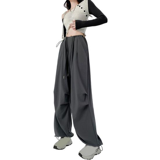 Women Cargo Pants Elastic High Waist Adjustable Drawstring Long Trousers Solid