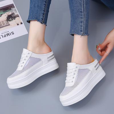 Moda Akexiya Mulheres Primavera Verão Chinelos Oco Respirável Fundo Grosso Casual Meio Chinelos Sapatos Preguiçosos Femininos Pequenos Sapatos Brancos