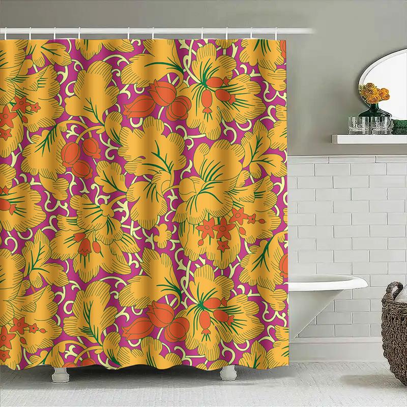 Vibrant Floral Print Shower Curtain For Bathroom Decor Pink Orange Yellow Leaves Pattern Waterproof Fabric Home Decoration Item