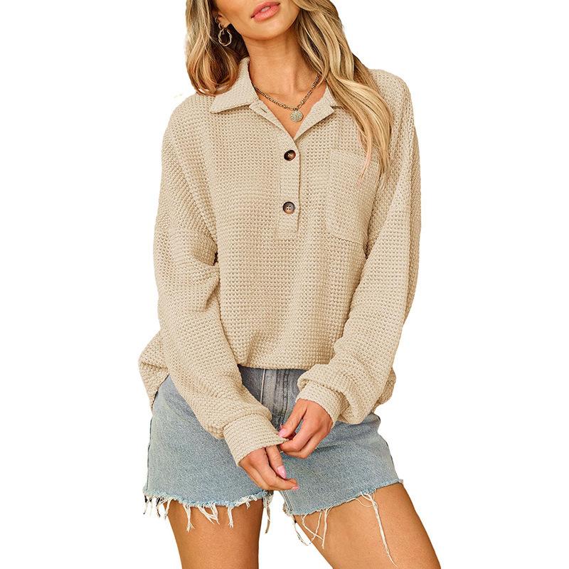 

European & American Solid Color Lapel Knit Pullover: Women s Autumn Waffle Knit Pocket Top Large хакі