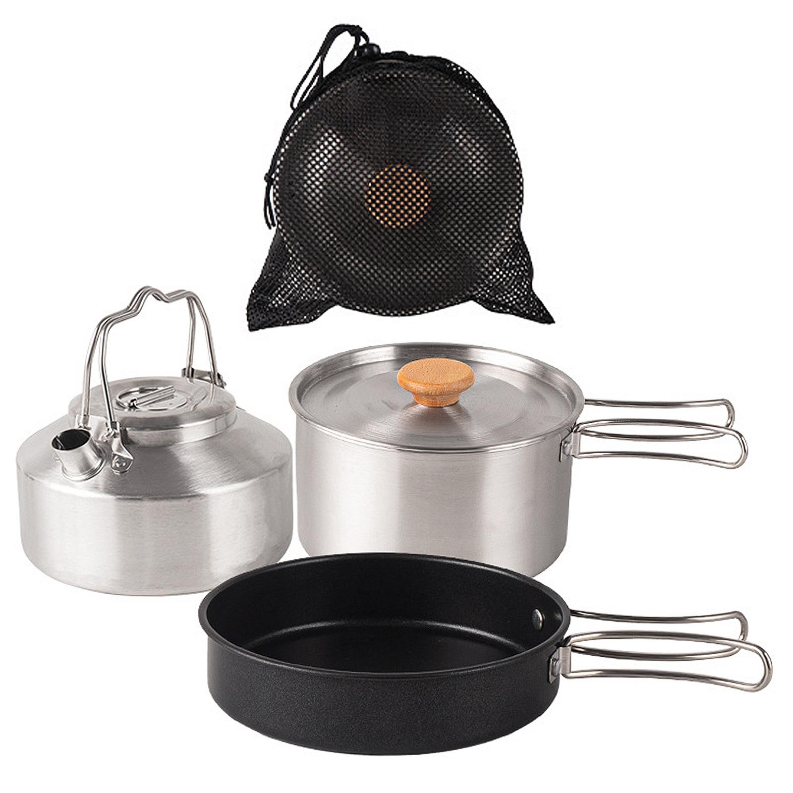 

Stainless Steel Pots Pans & Kettle Kits Wear-resistant Foldable Handle Camping Cookware Kits with Teapot for Backpacking