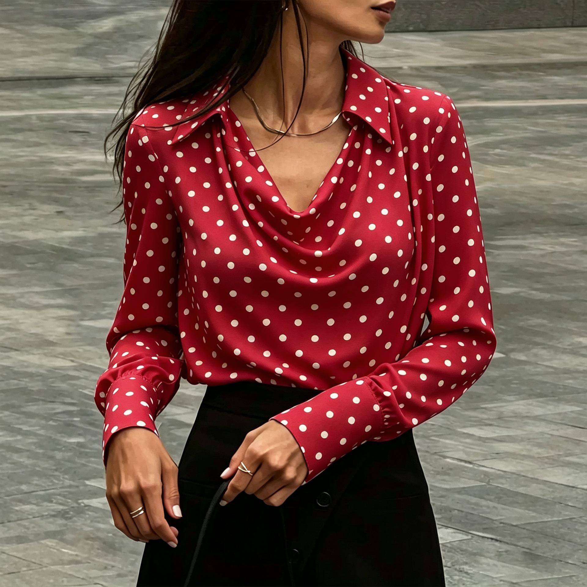 Women Elegant Cowl Neck Long Sleeve Polka Dot Commute Blouse Shirt S