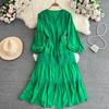 Elegant Green Bohemian V Neck Lantern Sleeve A Line Vestido Holiday Party Dress Sweet Chic Casual Women Fashion Solid