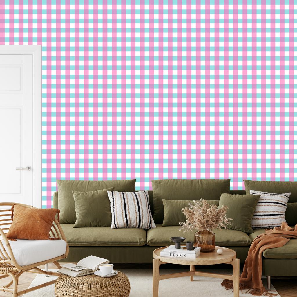 Pink and Blue Checkered Wallpaper, White and Celadon, 50x1000