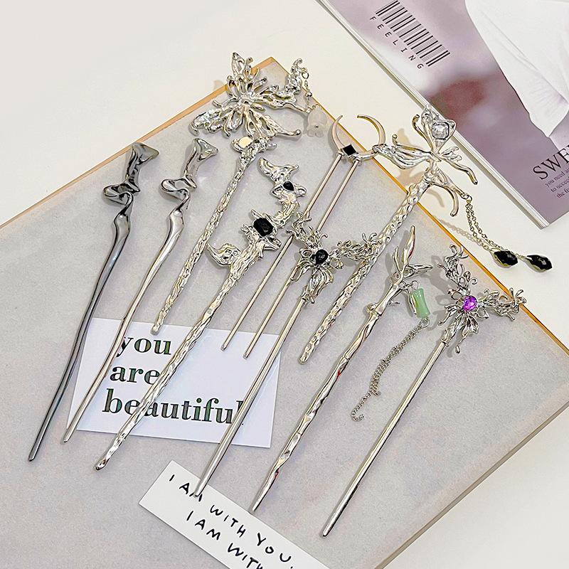 National Tide New Chinese Hairpin Liquid Metal Butterfly Hairpin Crescent Set Diamonds Vintage Bamboo Joints Tassel Hairpin Coiffure Hairpin