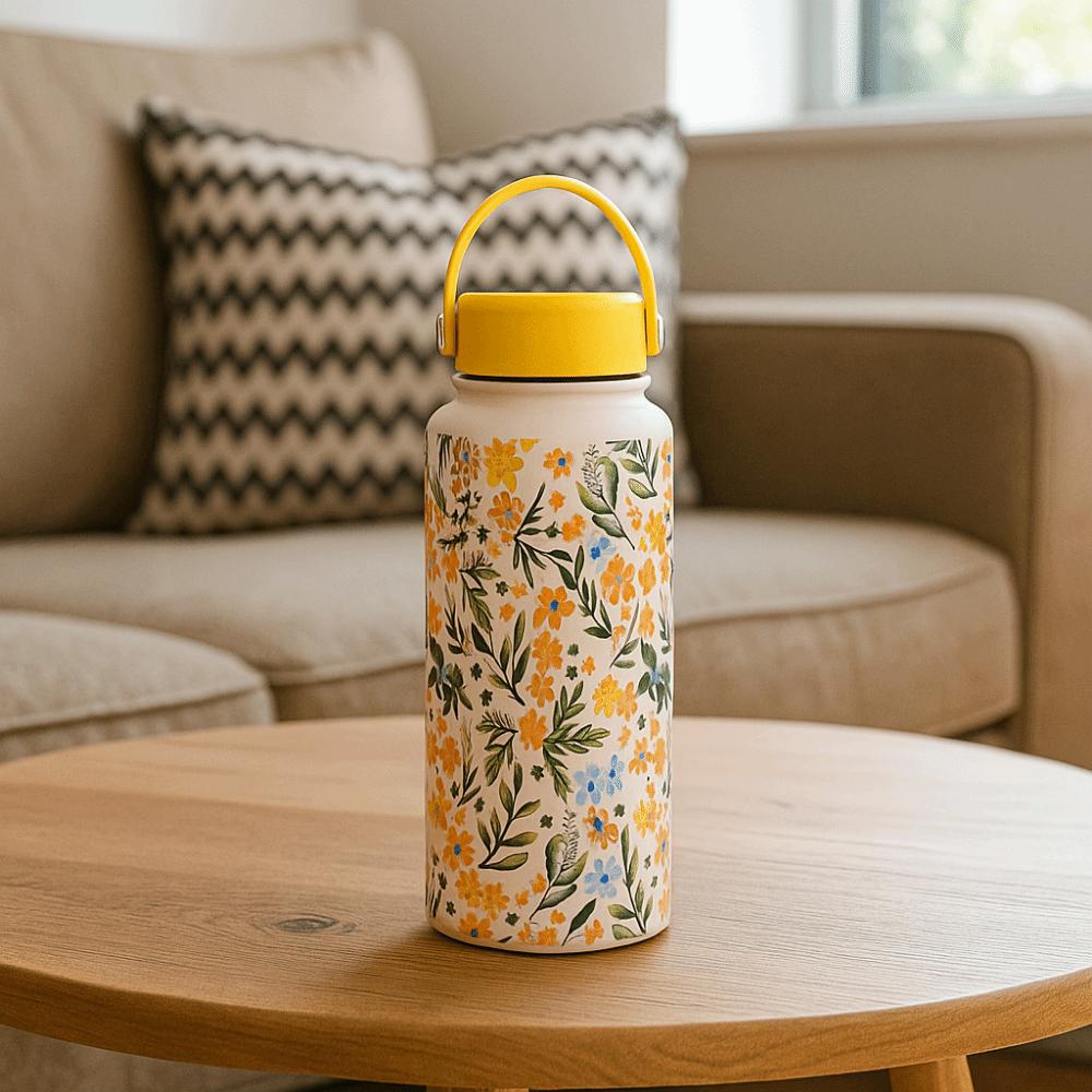 Creative Thermal Water Bottle 1L Stainless Steel Outdoor Insulated Mug Leak-proof Portable Floral Insulated Bottle Office