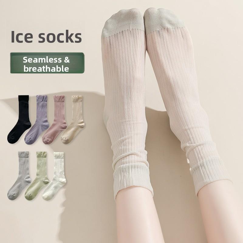 Summer Thin Ice Socks for Women, Boneless Crystal Silk Breathable Long Tube Glass Silk Ultra-thin Pile Socks