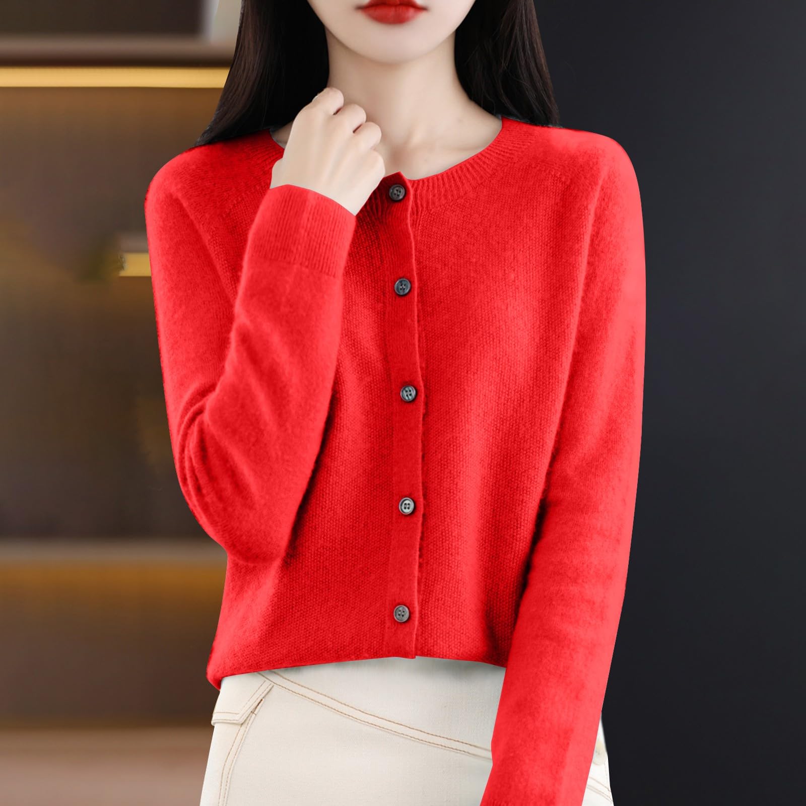 

Women s Fashion Solid-Color Fall/Winter Neck Cardigan Knit Sweater Loose-Fit Versatile Long-Sleeve Base Layer Sweater L червоний