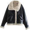 Womens Fleece-Lined Faux Leather Winter Jacket Short Loose Fit Stand Collar Casual Outerwear