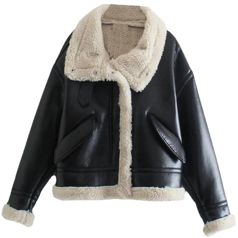 Womens Fleece-Lined Faux Leather Winter Jacket Short Loose Fit Stand Collar Casual Outerwear