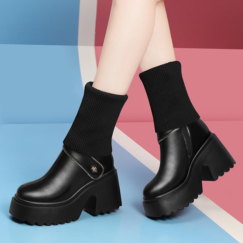 Coarse heel wool medium tube British Martin boots women's versatile high and thin solid color thick sole single boots women's super high heel
