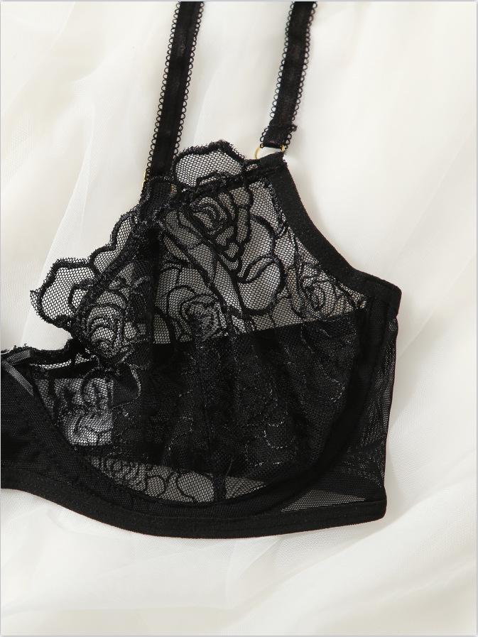 Temptation Floral Lace Three-Point Lingerie Set with Hollow Design