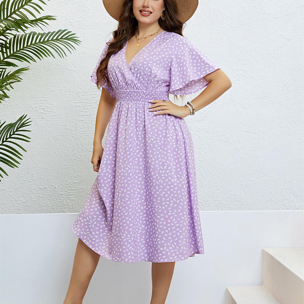 HNXC Damenmode Sommer Frühling Polka Dot Print Kurzarm V-Ausschnitt Hohe Taille Freizeitkleider