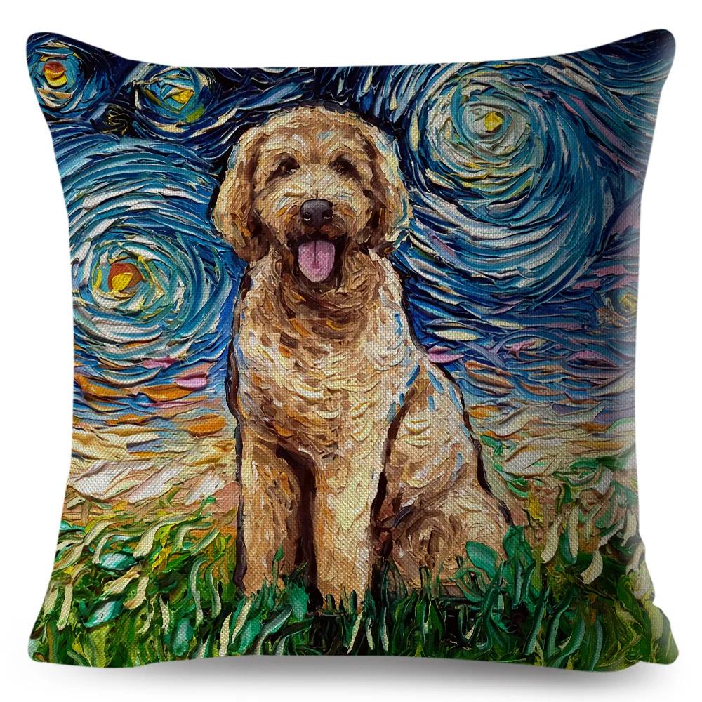 Both Sided Starry Sky Dog Cushion Cover Decor Oil Painting Cartoon Pet Animal Pillow Case for Sofa Home  Linen Pillowcase