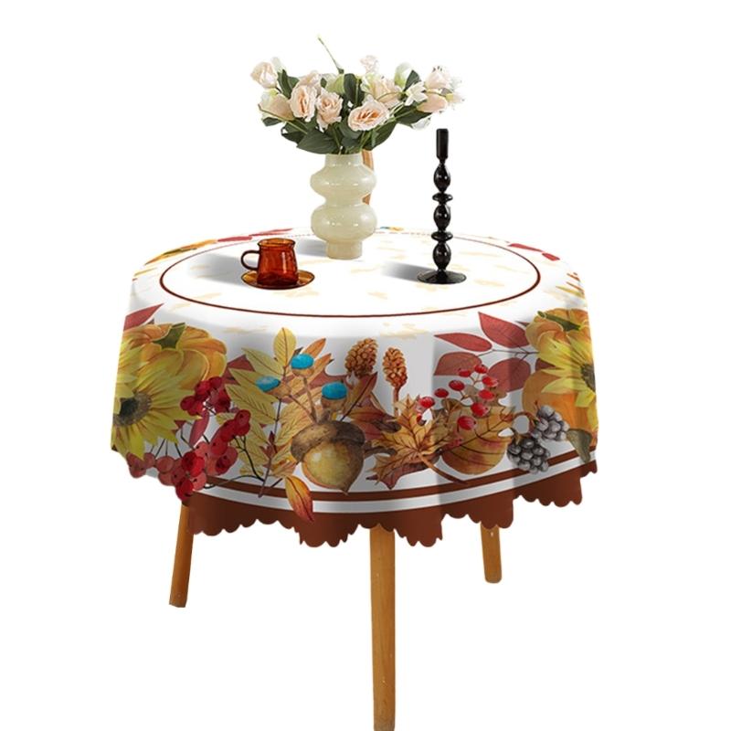 Table Cloth Autumn Leaves and Pumpkin Patterns Round Tablecloth 150cm for Thanksgiving Party Decoration