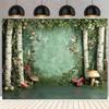 2D Whimsical Forest Birch Mushroom Tapestry Green Nature Scene Wall Art for Baby Shower