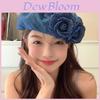 Denim Beret Hat With Embroidered Floral Pattern For Fashionable Women