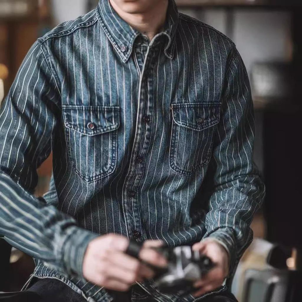 Men's Washed Vintage Aged Denim Shirt Long Sleeve Striped Workwear Top