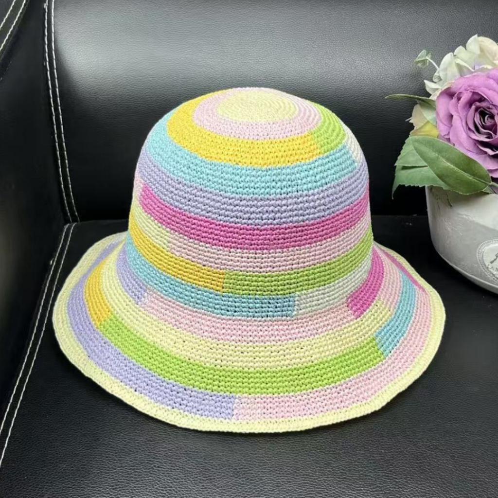 Handmade crochet foldable rainbow color matching straw hat women's summer travel sunshade sunscreen beach sun hat