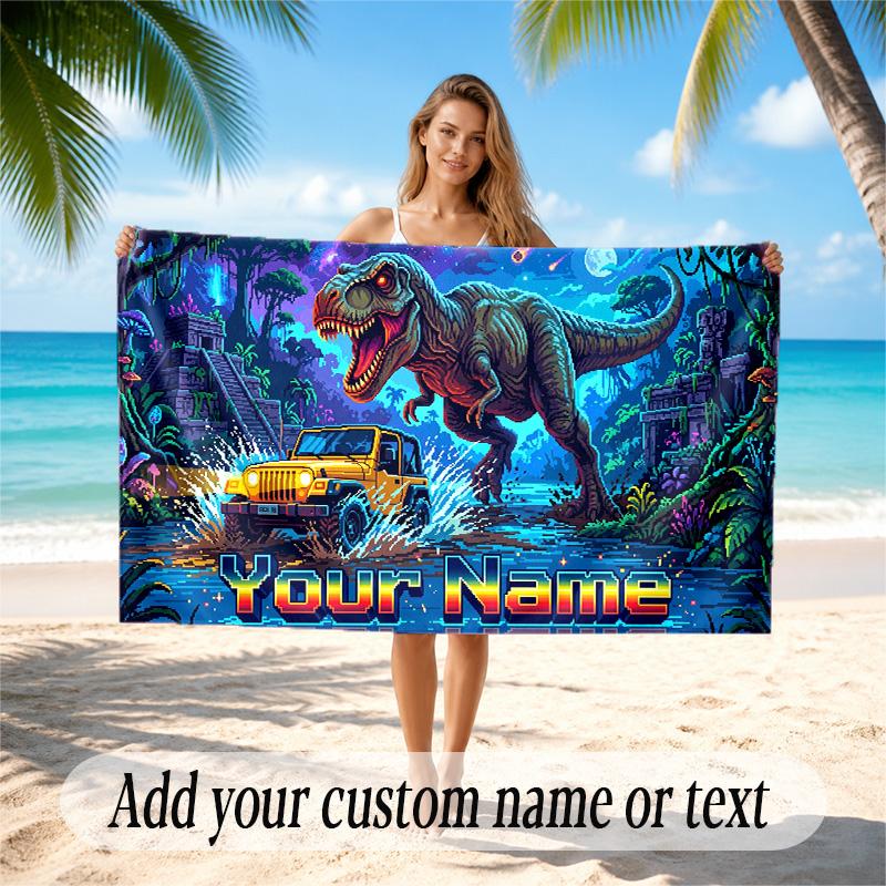 Dinosaur Theme Quick Dry Beach Towel Custom Name Text Print Large Sand Resistant Towel Beach Vacation