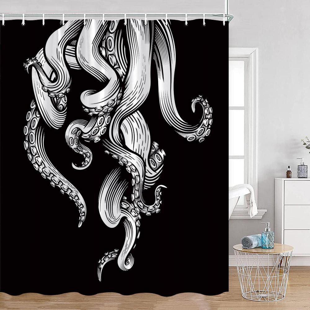 Octopus Shower Curtains Ocean Animals Funny Octupus Undersea World View Bathroom Curtain Nautical Bath Decorations with Hooks