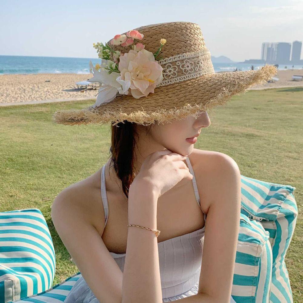Tassel Edge Weave Flat Cap Wide Brim Women's Sun Hats Casual Lace Flower Straw Hat  Holiday