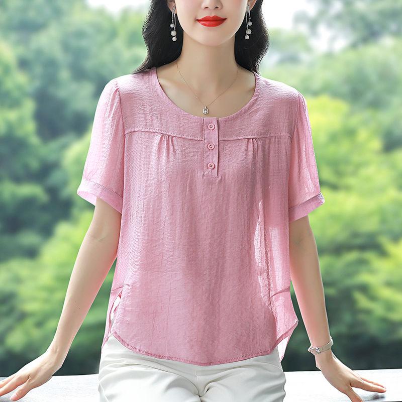 Chiffon Shirt Summer Women's New Belly-covering Breathable Slim and Thin Round Neck Simple Casual Large-size Top