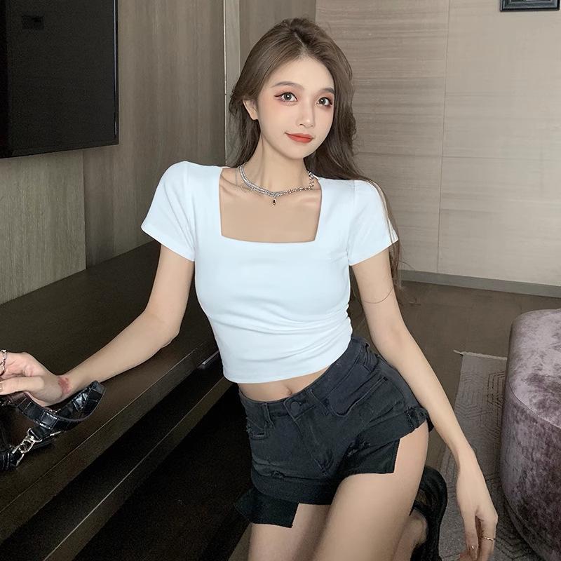 Summer New Slim-fit Inner Square Neck Short-sleeved T-shirt Women's High-waisted Short Open-button Bottoming Shirt Top Women's Clothing
