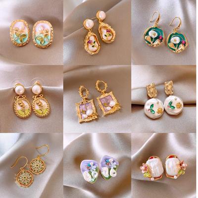 Monet Garden Oil Painting Style Flower Pearl Earrings Light Luxury Stud Earrings French Sweet Small Fresh Earrings Women