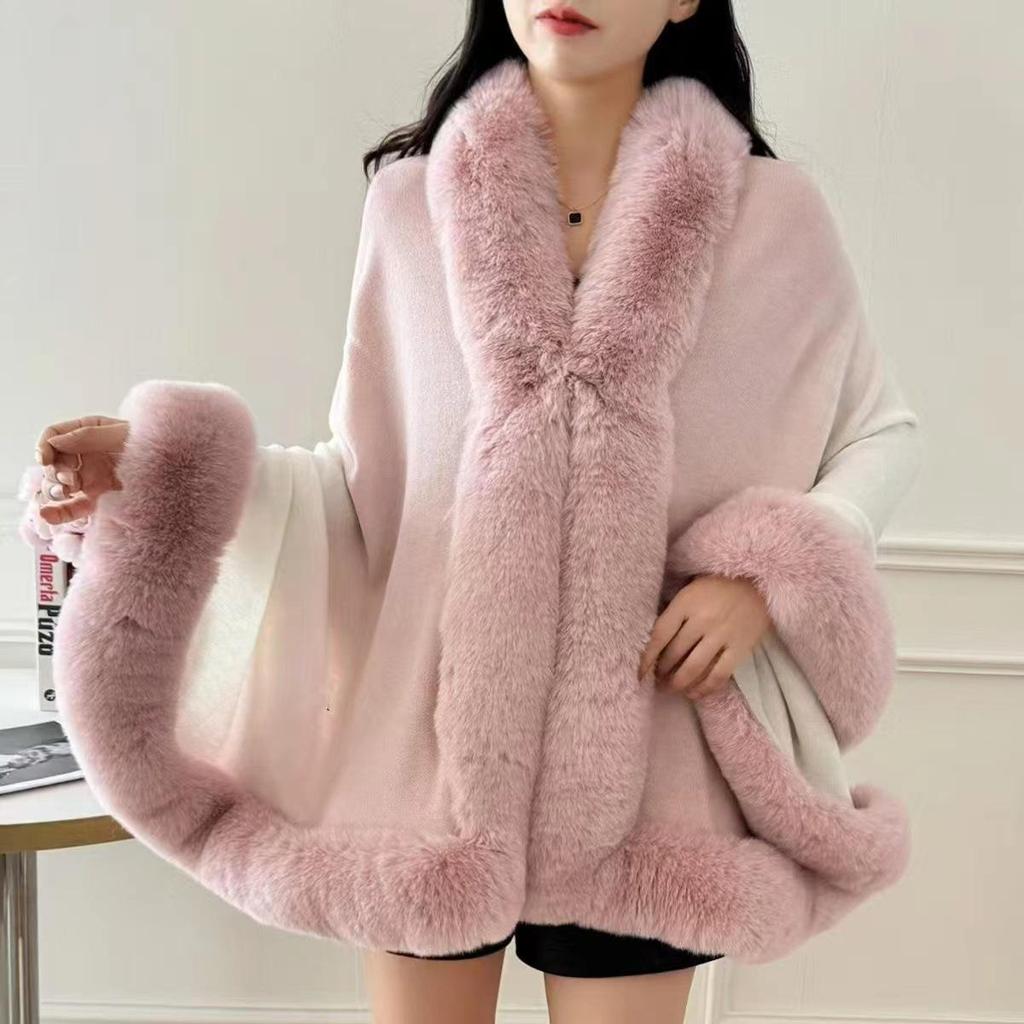 Women's Fashionable Knitted Fur Collar Cardigan Coat - Stylish High-End Autumn & Winter Sweater Cape Shawl.