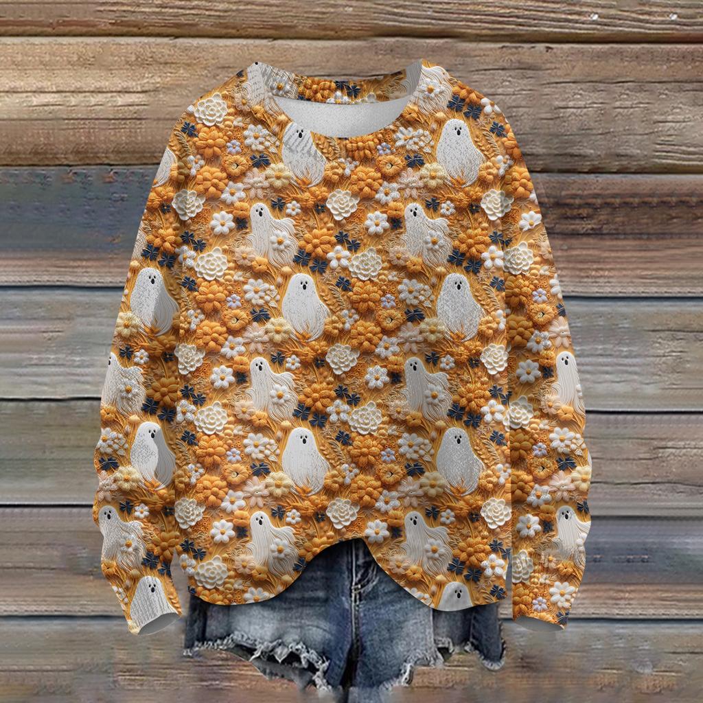 Ladies' Fashionable Casual Long Sleeved Halloween Printed Round Neck Knitted Yarn