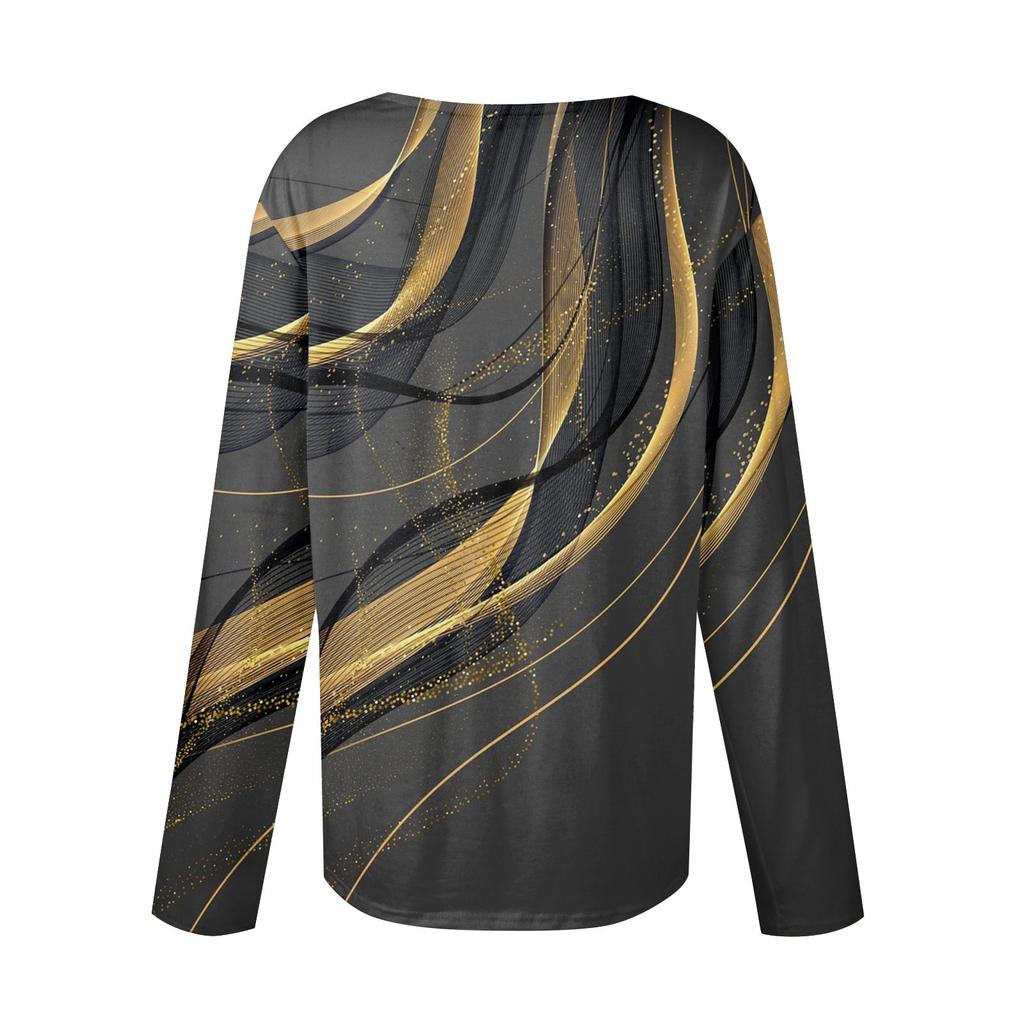 Women's Casual Fashion Print Long Sleeve Lapel V Neck Button Pullover Top
